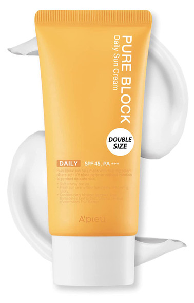 A'PIEU Pure Block Daily Sunscreen Cream SPF45/PA+++ Large Size 3.38 fl oz (100ml) | Non-Greasy No White Cast Reef Safe Korean Sunscreen for Face