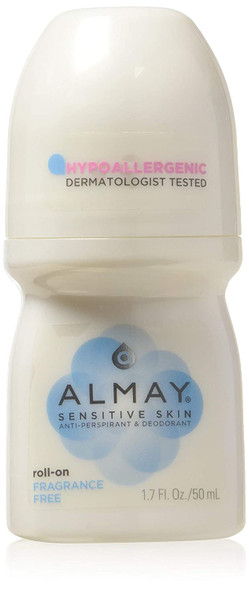 Almay Anti-Perspirant & Deodorant, Sensitive Skin, Roll-On, Fragrance Free, 1.7 Fl Oz (Pack of 6)