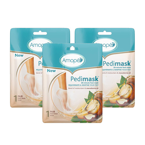 Amope PediMask Kit- 20 Minute Foot Mask to Rejuvenate and Soothe Your Feet with Blend of Moisturizers and Macadamia Oils for Baby Smooth Feet in Minutes (Pack of 3)
