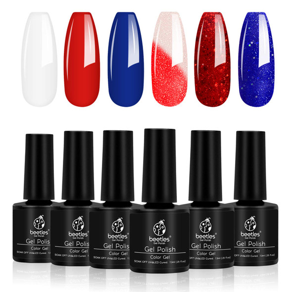 Beetles July 4th Gel Nail Polish Set - 6 Pcs Red White and Navy Blue Colors Gel Polish Royal Blue Glitter Gel Polish Color Changing, Soak Off Nail Lamp Cured Perfect for the 4th of July Manicure