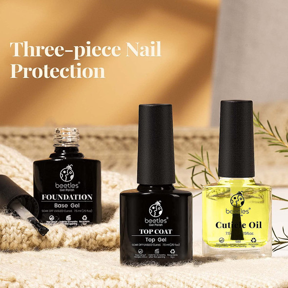 Beetles 3pcs 7.5ml Gel Top Coat Base Coat & Cuticle Oil Set, No Wipe Top Gel Glossy Shine Long Lasting DIY Home Gel Nail Lamp Required, Cuticle Oil Care for Dry, Damaged Cuticles, Stronger Nails