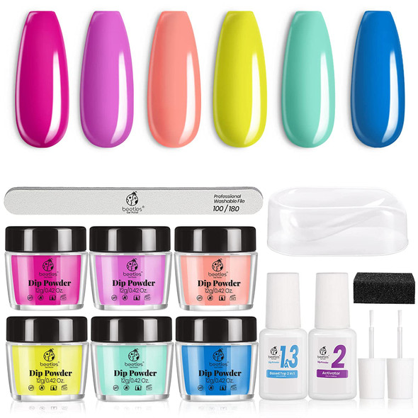 Beetles Dip Powder Nail Kit- 6 Colors Bright Summer Pool Party Hot Pink Yellow Green Blue Nail Dipping Powder Set with Base Top Coat Activator Nail File, No LED Lamp Needed