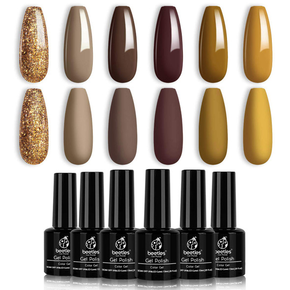 Beetles Brown Yellow Glitter Gel Nail Polish Set, 6 Colors Suit for Autumn Winter Nail Art Manicure Kit Required Lamp Cure and Soak Off Gel