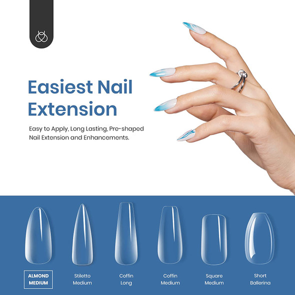 Beetles Gel Tips Refill Pack Medium Almond Shape, 200pcs Number 9 Separate Size Pre-shaped Clear Full Cover False Nails, Easy Nail Extensions Acrylic Nails False Press on Nail Tips