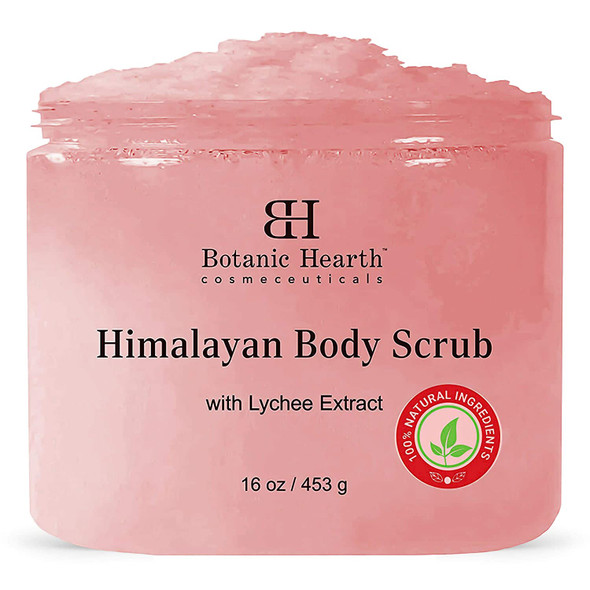 Botanic Hearth Himalayan Salt Body Scrub with Lychee Oil - Natural Exfoliating Body & Face Scrub for Acne, Cellulite, Scars, Moisturizing & Deep Cleansing Skin - Skin Care for Men and Women - 16 oz