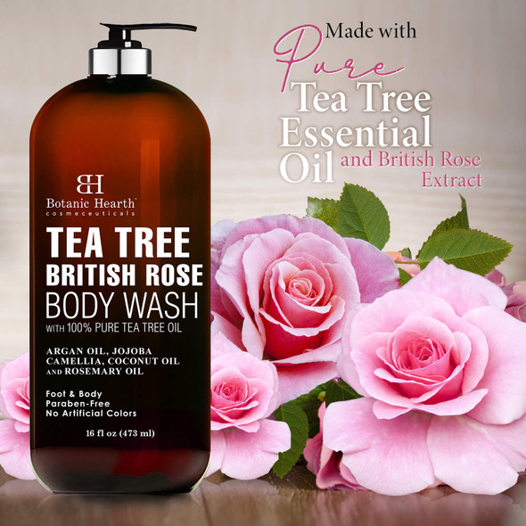 BOTANIC HEARTH Tea Tree Body Wash with British Rose Extract, Helps with Nails, Athletes Foot, Ringworms, Jock Itch, Acne, Eczema & Body Odor, Soothes Itching & Promotes Healthy Skin and Feet, 16 fl oz
