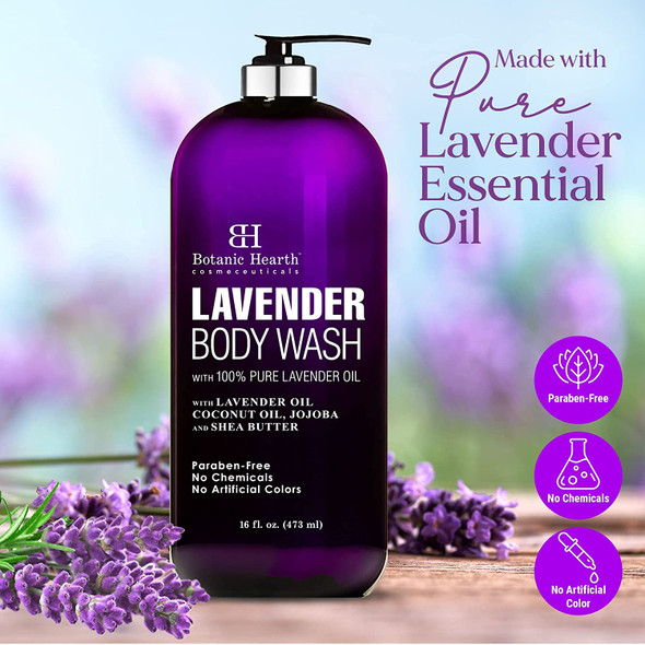 BOTANIC HEARTH Lavender Body Wash with Peppermint Oil - for Women & Men and Shower Gel - Fights Acne, Soothes Eczema and Dry Irritated Skin, Sulfate and Paraben Free - 16 fl oz