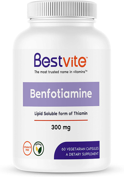 Benfotiamine 300mg (60 Vegetarian Capsules) No Stearates - No Silicon Dioxide - Vegan - Non GMO - Gluten Free