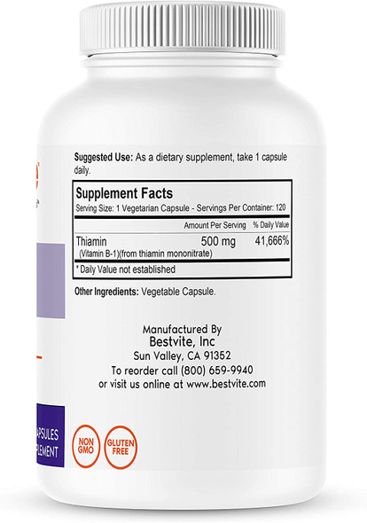 Vitamin B-1 (Thiamin) 500mg (120 Vegetarian Capsules) - No Stearates - Vegan - No Calcium Carbonate - Non GMO - Gluten Free - No Silicon Dioxide