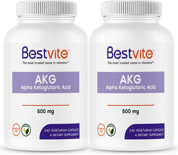 AKG (Alpha Ketoglutaric Acid) 500mg (480 Vegetarian Capsules) (240 x 2) - No Stearates - Vegan - Non GMO - Gluten Free - AKG Supplement