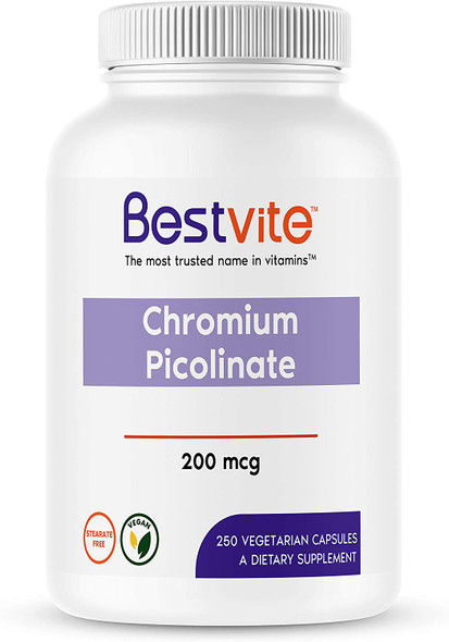 Chromium Picolinate 200mcg (250 Vegetarian Capsules) - No Stearates - No Flow Agents - Vegan - Gluten Free - Non GMO