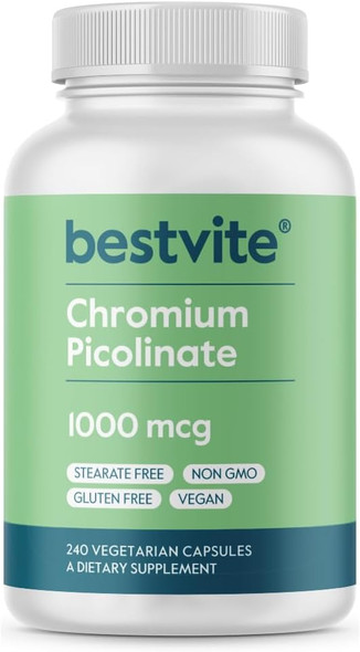 BESTVITE  Chromium Picolinate 1000mcg (240 Vegetarian Capsules) - No Stearates - No Dicalcium Phosphate - Vegan - Gluten Free - Non-GMO