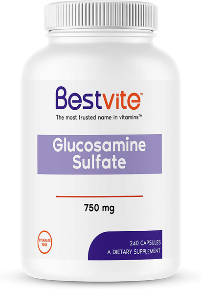 BESTVITE Glucosamine Sulfate 750mg per Capsule (240 Capsules) - No Stearates - Gluten Free - Non GMO - Joint Support