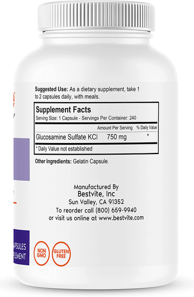 BESTVITE Glucosamine Sulfate 750mg per Capsule (240 Capsules) - No Stearates - Gluten Free - Non GMO - Joint Support