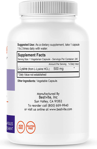 L-Lysine 500mg per Capsule (240 Vegetarian Capsules) - No Stearates - No Fillers - No Flow Agents - Vegan - Non GMO - Gluten Free - No Stearic Acid - No Dicalcium Phosphate