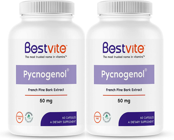 Pycnogenol 50mg (120 Capsules) (60x2) - French Maritime Pine Bark Extract - No Stearates - Gluten Free - Non GMO