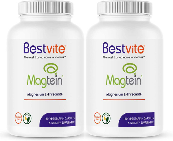 Magtein Magnesium L-Threonate Capsules - 2000mg per Serving (240 Vegetarian Capsules) (120 x 2)- Patented and Bioavailable Magnesium - No Stearates - No Fillers - Vegan - Non GMO - Gluten Free
