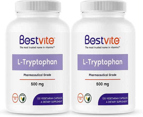 L-Tryptophan 500mg per Capsule (240 Vegetarian Capsules) (2-Pack) - No Stearates - No Silica - No Gelatin - Vegan - Gluten Free - Non GMO