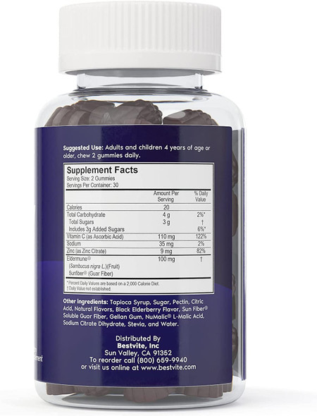 Bestvite Elderberry Gummies with Zinc & Vitamin C with Eldermune (60 Gummies) - Vegan - Gluten Free - No Artificial Sweeteners - Immune Support