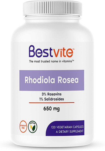 Rhodiola Rosea 650mg (120 Vegetarian Capsules) - Standardized to 3% Rosavins and 1% Salidrosides - No Stearates