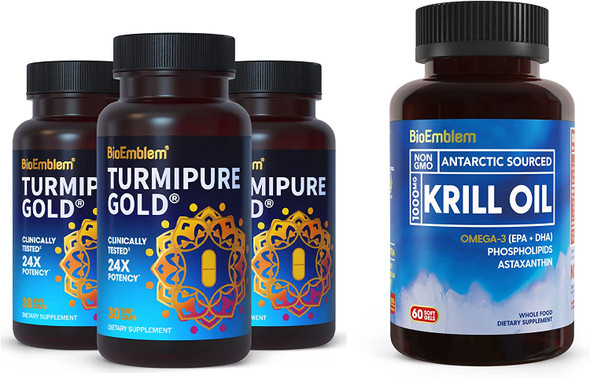 BioEmblem Antarctic Krill Oil Supplement Turmeric Curcumin with Clinically Studied TurmiPure - Joint Support, Healthy Inflammation Turmeric Supplements