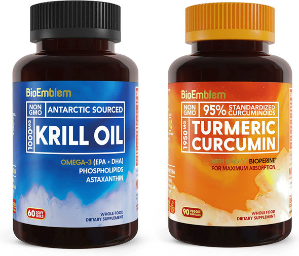 BioEmblem Antarctic Krill Oil Supplement and BioEmblem Turmeric Curcumin Supplement with BioPerine