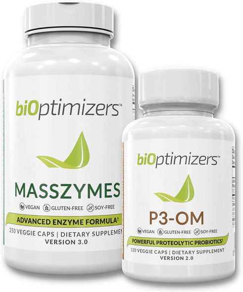 BiOptimizers - P3-OM and MassZymes Bundle - Premium Digestive Enzymes and Probiotics for Women and Men - Doctor-Formulated (250 MassZymes Capsules, 120 P3-OM Capsules)