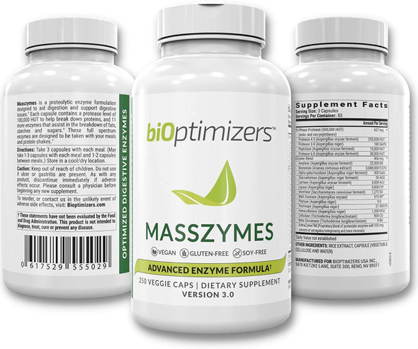 BiOptimizers - P3-OM and MassZymes Bundle - Premium Digestive Enzymes and Probiotics for Women and Men - Doctor-Formulated (250 MassZymes Capsules, 120 P3-OM Capsules)