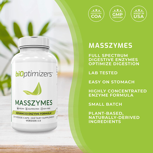 BiOptimizers - MassZymes 3.0 with AstraZyme - Digestive Enzyme Supplement for Better Absorption - Relief from Bloating, Constipation, and Gas - Contains Lipase, Amylase, and Bromelain, 250 Capsules