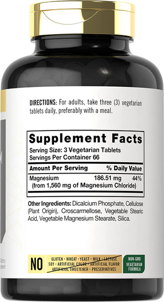 Magnesium Chloride | 1560mg | 200 Tablets | Cloruro de Magnesio Supplement | Vegetarian, Non-GMO, and Gluten Free Formula | by Carlyle