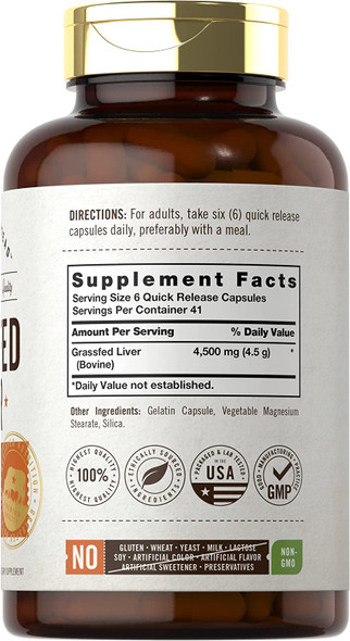 Grassfed Beef Liver Capsules 4500mg | 250 Count | Desiccated Supplement | Non-GMO, Gluten Free | by Herbage Farmstead