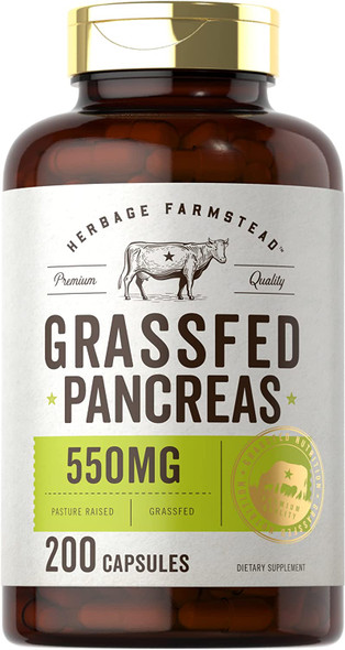 Grass Fed Beef Pancreas 550mg | 200 Capsules | Desiccated Pasture Raised Bovine Supplement | Non-GMO, Gluten Free | by Herbage Farmstead