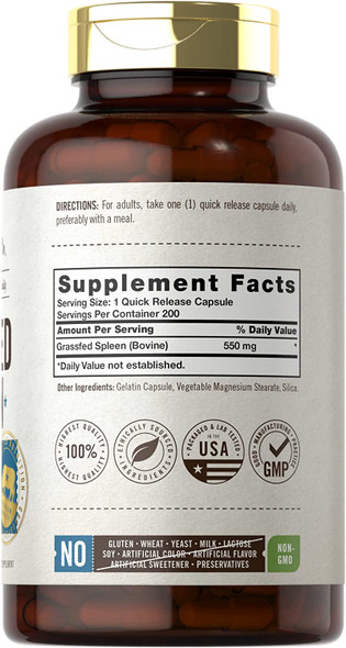 Grass Fed Beef Spleen 550mg | 200 Capsules | Desiccated Pasture Raised Bovine Supplement | Non-GMO, Gluten Free | by Herbage Farmstead