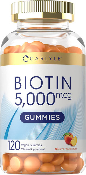 Carlyle Biotin Gummies | 5000mcg | 120 Count | Peach Flavor Supplement | Vegan, Non-GMO, Gluten Free