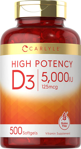 Carlyle Vitamin D3 5,000 iu | 500 Softgels | Value Size | Non-GMO and Gluten Free Supplement | High Potency Formula | 125 mcg