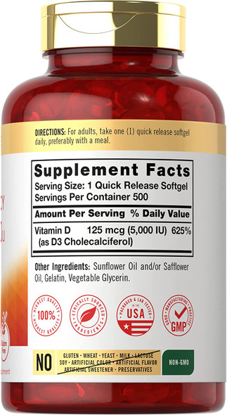 Carlyle Vitamin D3 5,000 iu | 500 Softgels | Value Size | Non-GMO and Gluten Free Supplement | High Potency Formula | 125 mcg