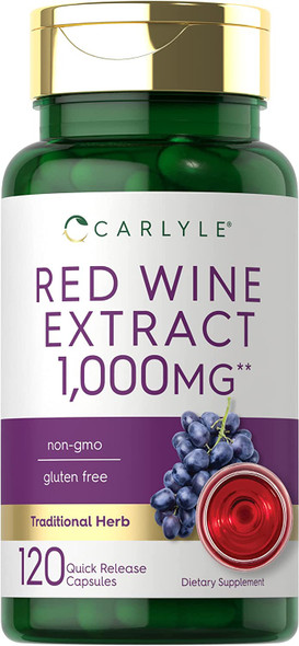 Red Wine Extract Capsules | 1000mg | 120 Count | Non-GMO and Gluten Free Supplement | by Carlyle