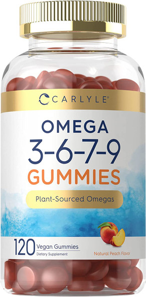 Carlyle Omega 3 6 7 9 Gummies | 120 Count | Vegan Plant Sourced Supplement | Peach Flavor
