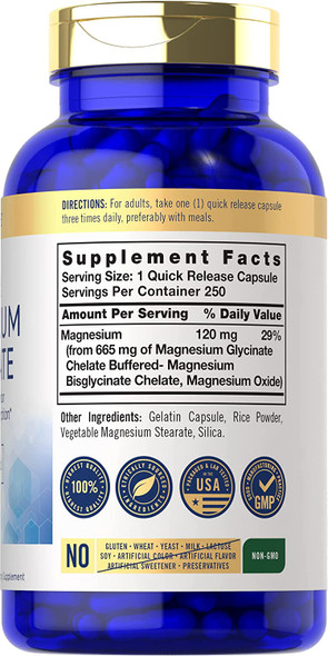 Magnesium Glycinate | 665 mg | 250 Capsules | Non-GMO and Gluten Free Formula | Essential Buffered Mineral Supplement by Carlyle