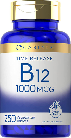 Carlyle Vitamin B12 1000 mcg | 250 Count | Time Release Tablets | Vegetarian, Non-GMO, and Gluten Free Supplement