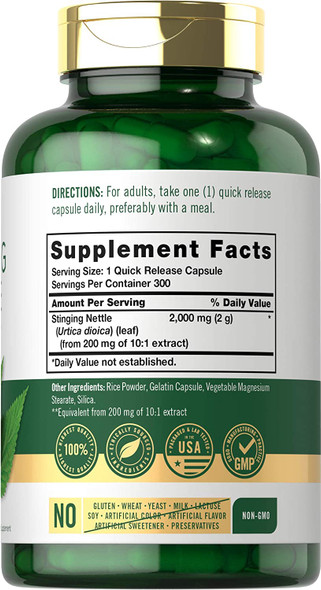 Stinging Nettle Leaf Extract 2000mg | 300 Capsules | Non-GMO & Gluten Free Supplement | by Carlyle