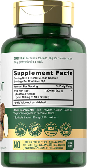 Carlyle Wild Yam Root Capsules | 1200mg | 200 Count | Non-GMO, Gluten Free | Traditional Herb Extract
