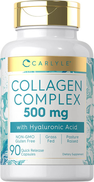 Carlyle Collagen with Hyaluronic Acid 500mg | 90 Capsule Pills | Hydrolyzed Collagen Supplement | Non-GMO, Gluten Free