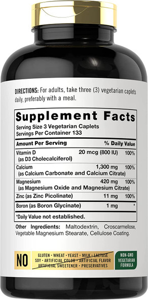 Calcium Magnesium Zinc | 400 Caplets | with Vitamin D3 and Boron | Vegetarian, Non-GMO Supplement | by Carlyle