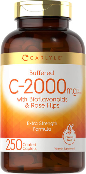 Carlyle Buffered Vitamin C | 2000mg | 250 Caplets | with Bioflavonoids and Rose Hips | Vegetarian, Non-GMO, and Gluten Free Supplement