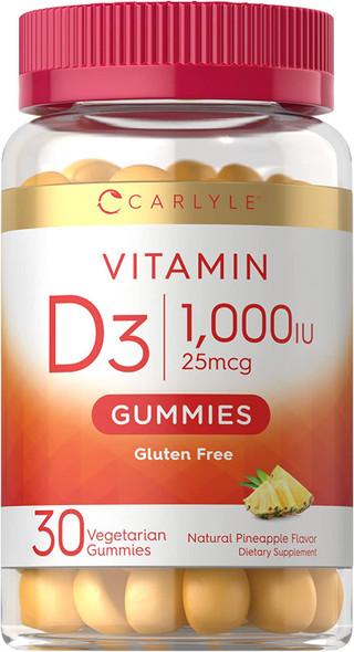 Carlyle Vitamin D3 Gummies | 1000 IU (25 mcg) | 30 Count | Vegetarian, Non-GMO, and Gluten Free Formula | Natural Pineapple Flavor