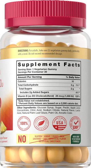 Carlyle Vitamin D3 Gummies | 1000 IU (25 mcg) | 30 Count | Vegetarian, Non-GMO, and Gluten Free Formula | Natural Pineapple Flavor