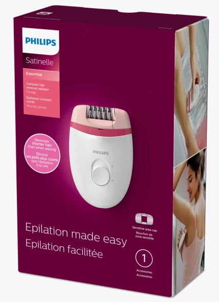 Philips Beauty Satinelle Essential Corded Epilator, BRE235/04, White and Pink