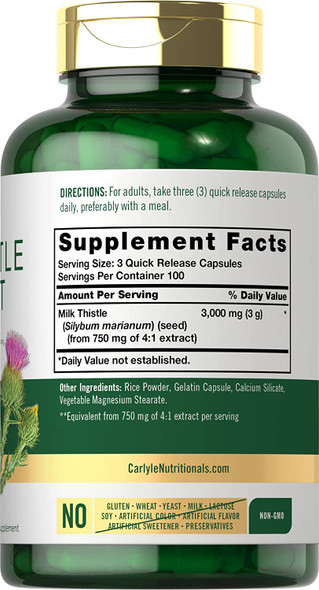 Milk Thistle Capsules | 3000mg | 300 Count | Non-GMO, Gluten Free Extract | by Carlyle