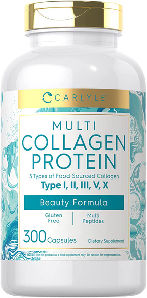 Carlyle Multi Collagen Protein 2000mg | 300 Capsules | Type I, II, III, V, X | Collagen Peptide Pills | Keto & Paleo Friendly, Gluten Free Supplement